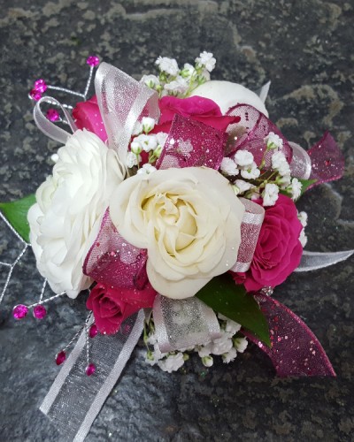 Hot Pink and White Wrist Corsage and Free Boutonniere