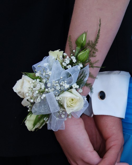 White Spray Rose wristlet and Boutonniere